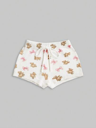 Kawaii Cute Bear & Bow Drawstring Elastic Waist Knitted Women's Low-Rise Shorts