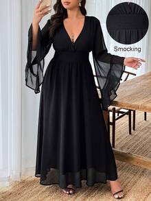 Weeklong 大码女士优雅休闲度假纯色雪纺喇叭袖荷叶边A字长裙 - 黑色 - 查看 1