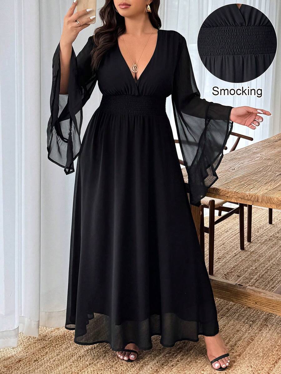 Weeklong 大码女士优雅休闲度假纯色雪纺喇叭袖荷叶边A字长裙 - 黑色 - 查看 1