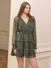 lacRébo Váy ngắn in hoa lãng mạn có chi tiết xếp nếp cho nữ mùa thu Váy mùa thu Quần áo mùa thu cho nữ mùa thu Đông - Màu xanh lá cây đậm - Xem 5