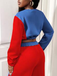 SHEIN BamGlam Women's Contrast Color Patchwork Crew Neck Long Sleeve Cropped Casual Sweatshirt
