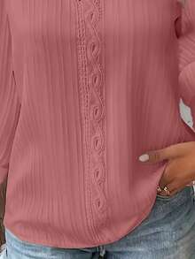 Plus Size Women's Casual Vacation Style Simple Solid Color V-Neck Lace Patchwork Lantern Sleeve Loose Blouse, Spring/Autumn - Pink - View 5