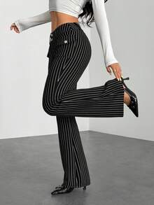 SHEIN PETITE 低腰修身条纹喇叭裤，带口袋，黑白配色 - 黑色 - 查看 8