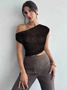 Firerie Áo cánh nữ thanh lịch lãng mạn, đi làm, đi chơi, đi nghỉ, đi chơi thường ngày, đa năng, chất liệu vải jacquard sequin, họa tiết bất đối xứng, cổ bẻ, mùa hè - màu đen - Xem 4