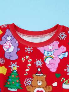 SHEIN X Care Bears 女童卡通圣诞彩色彩虹熊印花高弹力贴身睡衣套装，秋冬款 - 紅色 - 查看 3