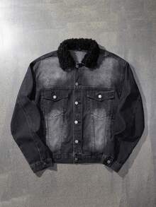 ROMWE MEN Street Life Men's Punk Faded Denim Long Sleeve Jacket - Black - View 1