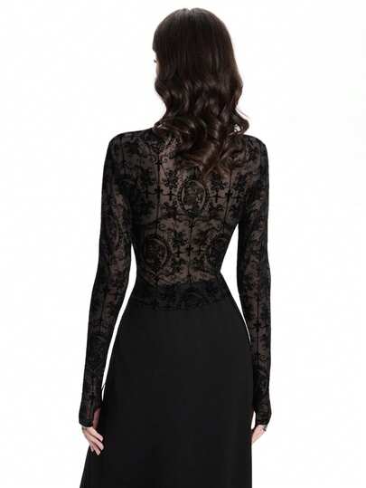 Breakform Blusa ajustada de manga larga con cuello redondo y malla con efecto terciopelo, estilo gótico oscuro, adecuada para salidas diarias y festivales