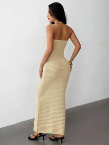 SHEIN PETITE 钩针编织夏季浪漫度假紧身手工钩针抹胸连衣裙，适合约会、度假、休闲优雅日常穿着，秋冬季皆宜。 - 杏色 - 查看 2