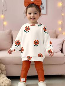 SHEIN Happikins 2pcs Baby Girl Casual Vintage Floral Print Crew Neck Long Sleeve Sweatshirt And Leggings Set, Suitable For Autumn/Winter - Multicolor - View 2