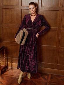 Aalyst 女士优雅高端正式办公通勤休闲婚礼宾客连衣裙，纯色丝绒面料，V领，松紧腰，喇叭下摆，皮带装饰，长袖，及地长裙 - 紫紅色 - 查看 7