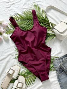 Swim Basics 2025新款女士纯色性感露背连体泳衣，性感泳装，休闲泳衣，女士连体泳衣 - 中紫紅色 - 查看 2
