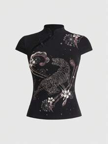 ROMWE Avant Distinctive Chinese Style Mandarin Collar Chinese Tiger Print Slim Fit Women Top - Black - View 1