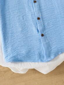 SHEIN Vacaura 1pc Tween Boys' Stand Collar Gentleman Style Solid Blue Casual Short Sleeve Shirt, Spring/Summer - Baby Blue - View 6