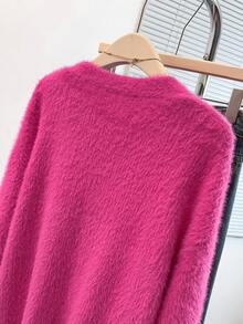 EMERY ROSE Cárdigan de punto casual de manga larga con caída de hombros y unicolor de piel de visón para mujer de talla grande - Rosa Fucsia - Ver 3