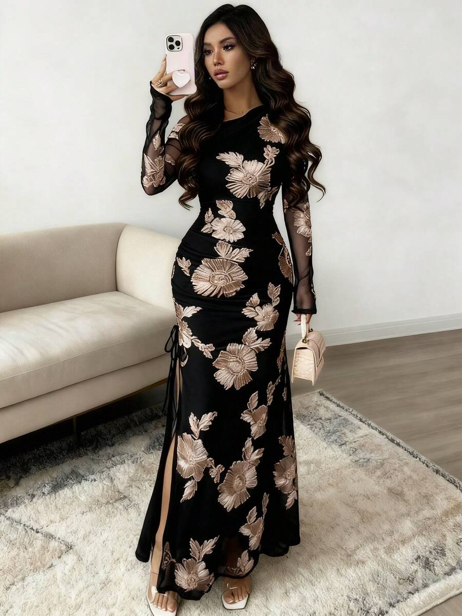 SHEIN Raffinéa 女士提花网纱不对称开衩连衣裙 - 黑色 - 查看 1