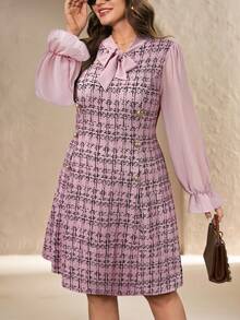 Chikora Plus Size Women Chiffon Sleeve Splice Faux Tweed Knit Print Dress, Metal Button Color Block Elegant Business Commute, Autumn/Winter - Pink - View 1