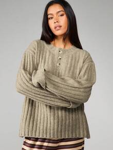 MISSGUIDED 罗纹针织纽扣前襟长袖毛衣，适合秋冬休闲穿着 - 駝色 - 查看 1