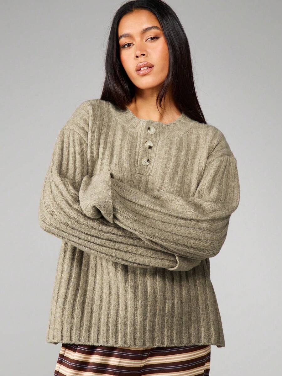 MISSGUIDED 罗纹针织纽扣前襟长袖毛衣，适合秋冬休闲穿着 - 駝色 - 查看 1