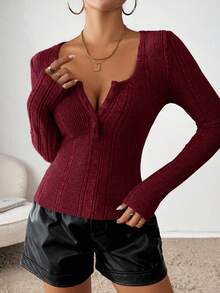 Siren Gaze 女士休闲针织百搭基础款圆领半扣罗纹针织长袖修身T恤 返校T恤 教师T恤 教师服装 秋季女装上衣 秋季女装 - 酒紅色 - 查看 7