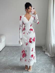 Rafferiza Women's Long Polka Dot Floral Print V-Neck Waist Cinched Dress - White - View 1