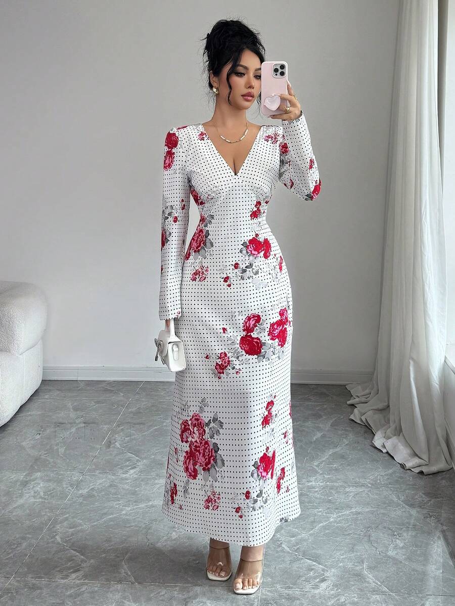 Rafferiza Women's Long Polka Dot Floral Print V-Neck Waist Cinched Dress - White - View 1