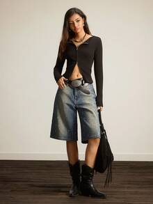 Easelle 女士时尚水钻装饰低腰阔腿牛仔短裤