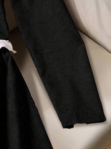 SHEIN 两件套青少年休闲灯芯绒长袖荷叶边领纽扣装饰外套上衣搭配简约梭织A字裙套装，适合日常休闲穿着，秋冬季节适用。 - 黑色 - 查看 6