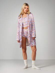 MISSGUIDED 羊角面包樱桃条纹长袖睡袍，配腰带，家居服，休闲睡衣 - 彩色 - 查看 3
