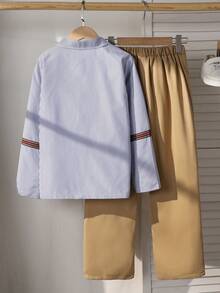 SHEIN 2pcs Tween Boy Gentleman Set: Striped Long Sleeve Shirt + Trousers, Elegant Outfit For Valentine's Day, Birthday Party, Formal Event, Wedding, Wedding Guest, Pageboy, Ring Bearer Boys Striped Shirt Kids Fashion,توكسيدو,رمضان Boys Casual Wear Shirts For Boys Boys Apparel Striped Shirts - Blue - View 2