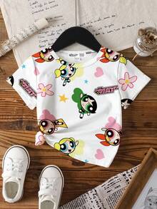 THE POWERPUFF GIRLS X SHEIN Young Girl Summer Casual Fun Cartoon & Letter Print Short Sleeve T-Shirt - White - View 7