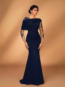 Serin Elegant Romantic Luxurious Elastic Knit Contrast Mesh Asymmetric Shoulder Mermaid Hem Dress, Suitable For Evening Party, Singles Party, Date, Ball, Vacation, Wedding, Bridal Mother Gown, Valentine's Day - Navy Blue - View 6