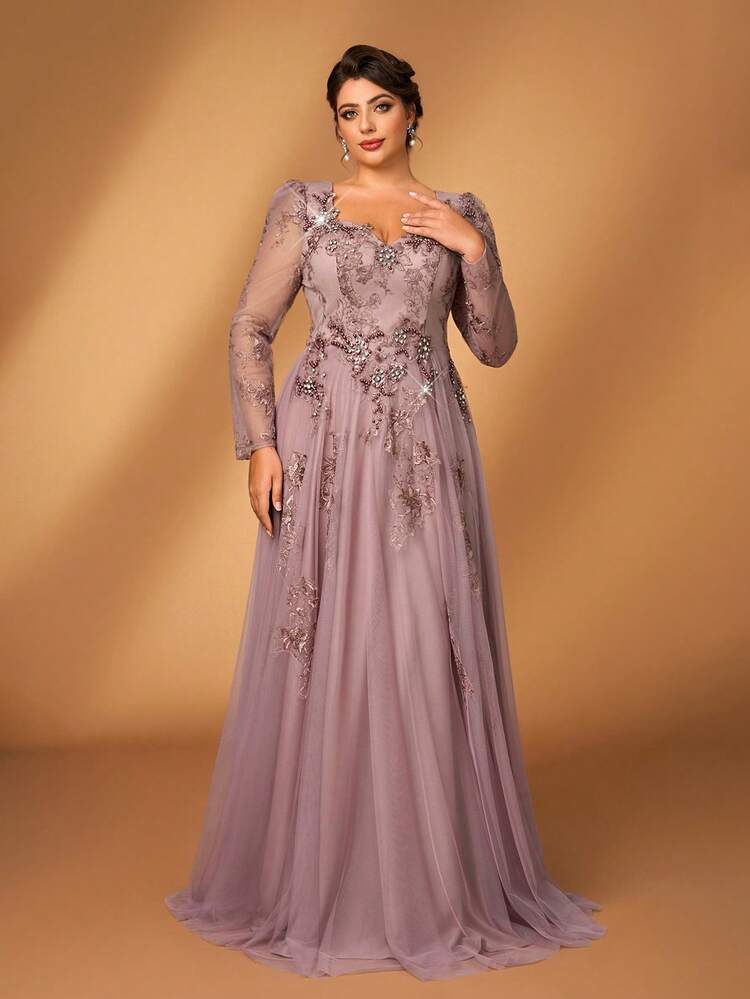 Serin Vestido Longo de Manga Longa com Decote Coração, Bordado com Lantejoulas Elegante e Luxuoso em Cinza-Roxo, Design com Aplicação Extra Rodado, Adequado para Festa à Noite, Encontro, Baile, Férias, Casamento, Vestido de Mãe da Noiva - Roxo - Visão 7