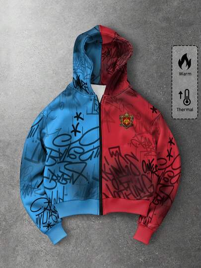 Street Life Sudadera con capucha de manga larga con cremallera y estampado de letras de contraste para hombres