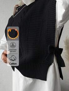 EURMUSE Women's Solid Color Cable Knit Sweater Vest - Black - View 4