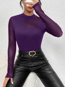 RosyDaze 女士纯色网眼拼接长袖修身时尚T恤 - 紫色 - 查看 5