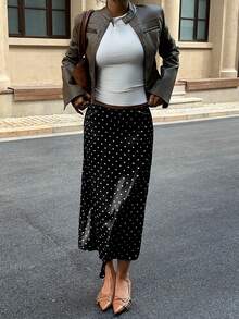 MainGRL 时尚休闲黑色缎面波点女裙 - 黑色 - 查看 4