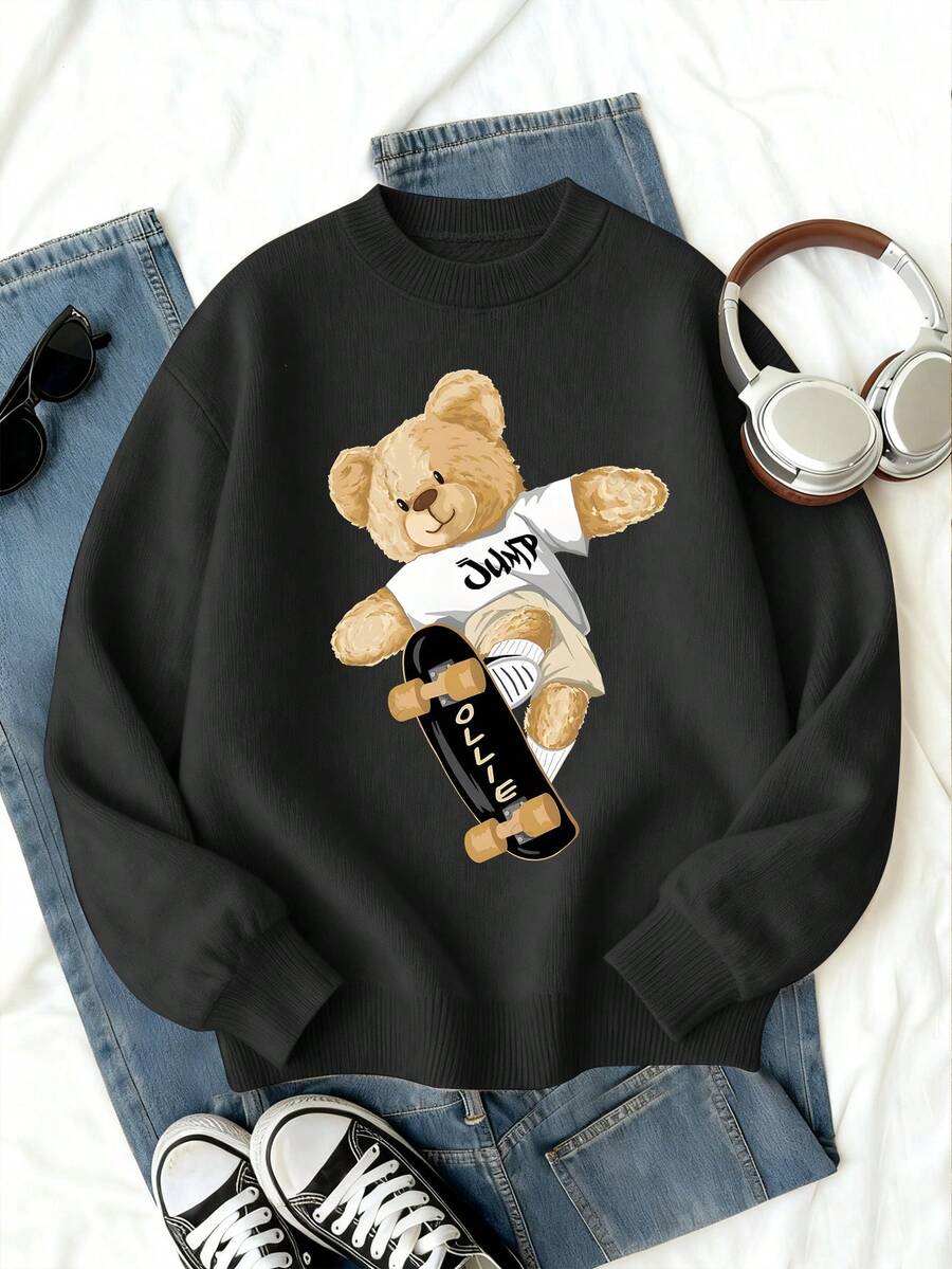 Maglione a maniche lunghe con stampa grafica minimalista di un orso da skate, adatto per ragazzi pre-adolescenti, per la scuola e attività del tempo libero in autunno/inverno, vestibilità morbida