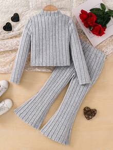 Young Girl 2pcs Set Stand Collar Zipper Solid Color Long Sleeve Top And Long Pants,Great For Casual & Daily Wear & School Daily In Summer & Autumn - Grey - View 4