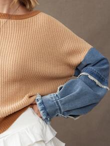 WESTFADE 混色罗纹针织撞色牛仔圆领宽松长袖棉混纺毛衣，适合秋季、冬季穿着。 - 彩色 - 查看 6