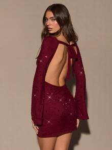 SHEIN BAE Autumn/Winter Women's Party Cocktail Party Nightclub Dress: Burgundy Round Neck Long Sleeve Backless Sparkling Rhinestone Dress; Cocktail Party Dress, Party Dress, Red Sequin Dress Red Wine Dress - Burgundy - View 2