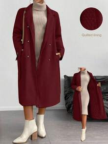 Juhart معطف طويل أنيق وعملي ذو أزرار مزدوجة بلون واحد مقاس كبير - الأحمر - مشاهدة 1