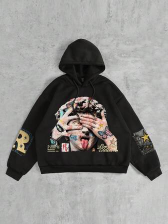 Street Life Sudadera con capucha casual de manga larga con estampado de retrato para hombre