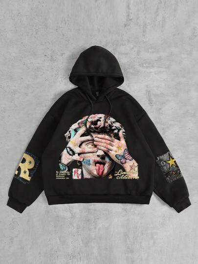 Street Life Men's Portrait Print Hooded Casual Long Sleeve Pullover Hoodie