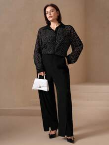 Chikora 大码女士黑色雪纺波点印花飘逸休闲长袖衬衫，采用优质雪纺面料制成，黑色女式衬衫，商务休闲上衣，女士衬衫，大码女式衬衫和上衣 - 黑色 - 查看 5