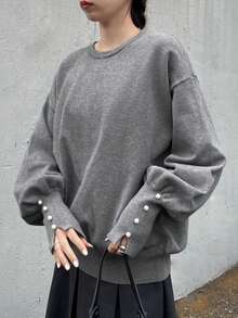 FRIFUL 女士纯灰色圆领落肩长袖串珠袖口开衩下摆宽松休闲百搭毛衣，秋冬款 - 深灰色 - 查看 4