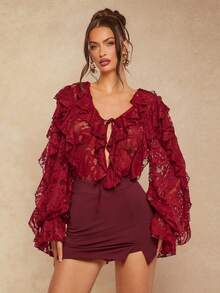 Silquee Romantic Solid Red, Burgundy, Bordeaux Red, Lace V-Neck Long Puff Sleeve Tie Front Sexy Elegant Blouse Shirt For Women, Suitable For Valentine's Day, Christmas, Date, Party, Wedding, Cocktail Events - Burgundy - View 1