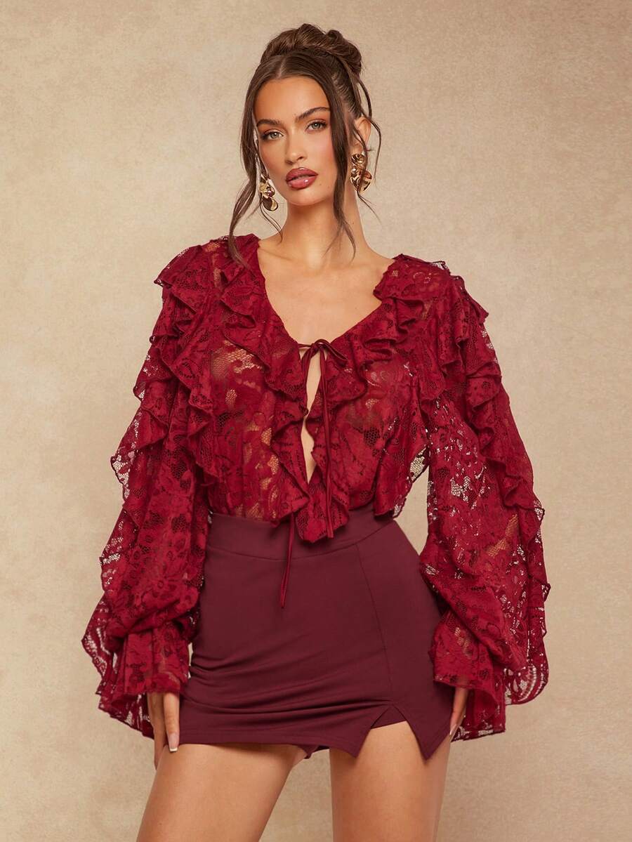 Silquee Romantic Solid Red, Burgundy, Bordeaux Red, Lace V-Neck Long Puff Sleeve Tie Front Sexy Elegant Blouse Shirt For Women, Suitable For Valentine's Day, Christmas, Date, Party, Wedding, Cocktail Events - Burgundy - View 1