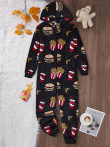 1件套毛绒连帽食物印花时尚酷炫青少年男童长袖加厚毛绒连体睡衣，秋冬季 - 黑色 - 查看 1