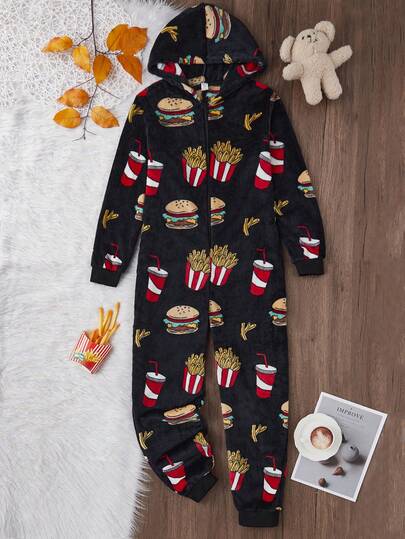 1 st. plyschpyjamas med mattryck, snygg och cool för pojkar, långärmad, tjock plyschjumpsuit, höst/vinter