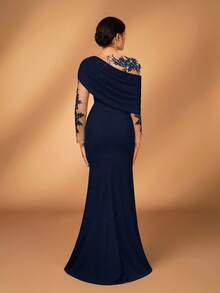 Serin Elegant Romantic Luxurious Elastic Knit Contrast Mesh Asymmetric Shoulder Mermaid Hem Dress, Suitable For Evening Party, Singles Party, Date, Ball, Vacation, Wedding, Bridal Mother Gown, Valentine's Day - Navy Blue - View 3